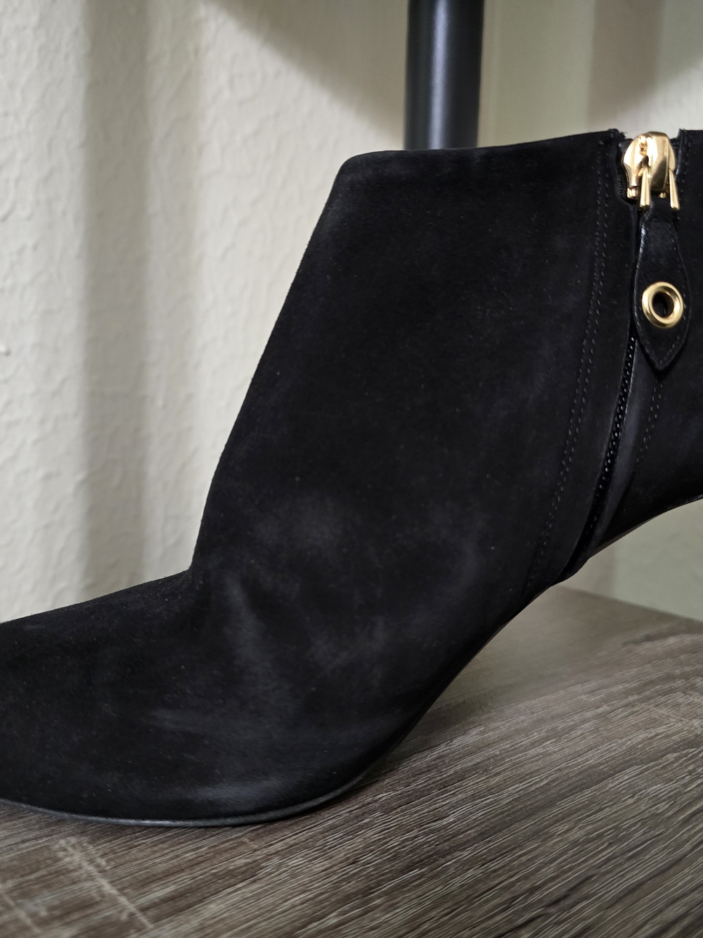 Black Suede Stiletto Heels with Gold Accent - Designer Style - Picture 3 of 7